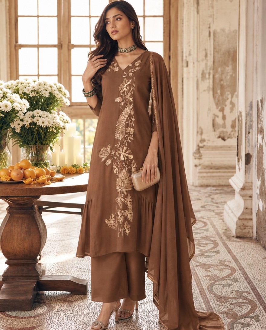 7113 - Sonorous Embroidered Chanderi Brown Salwar Kameez